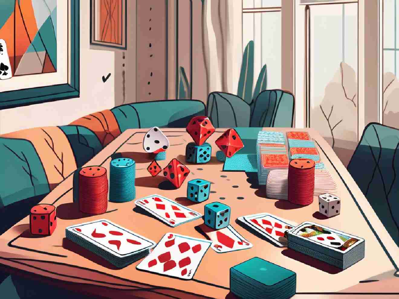 A table set up for the Hand and Foot card game with multiple decks of cards.