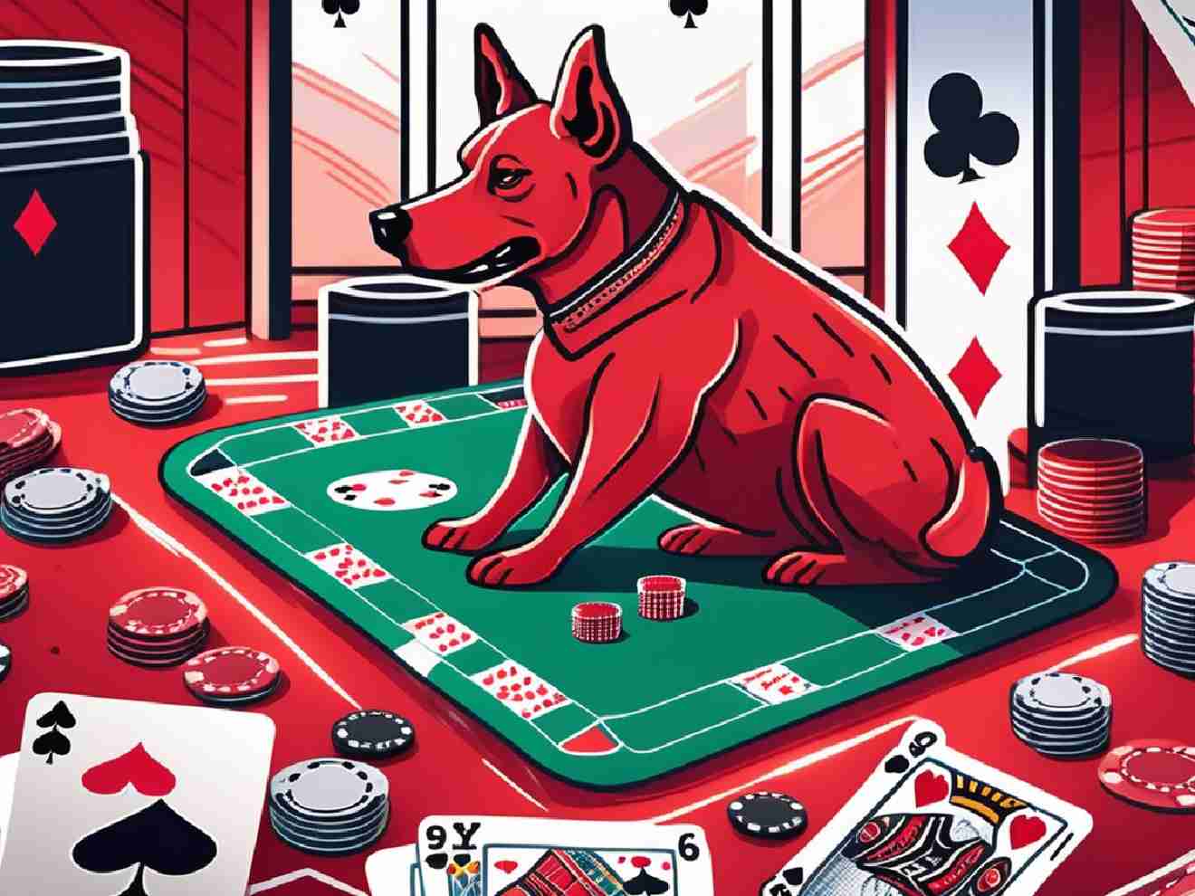 Close-up of Red Dog card game layout on a table.