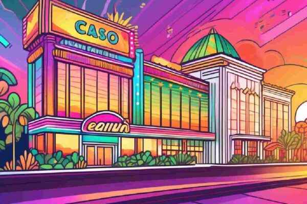 Colorful sunrise at a modern casino building with glowing windows