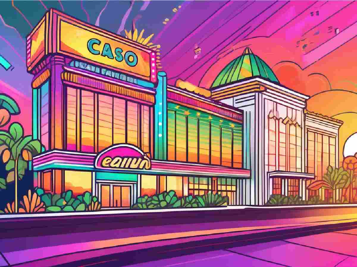 Colorful sunrise at a modern casino building with glowing windows